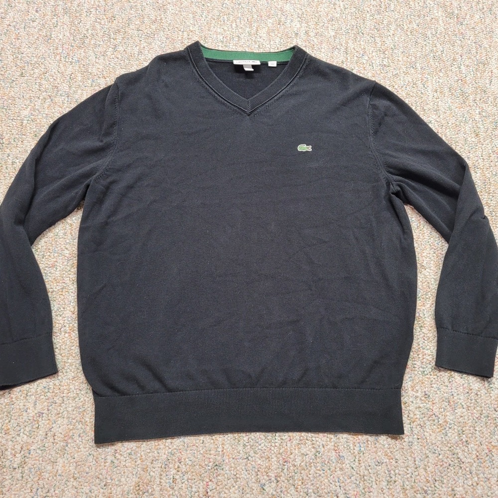 Lacoste Sweater Mens 6 XL Black V Neck Pullover Classic Fit Preppy Crocodile